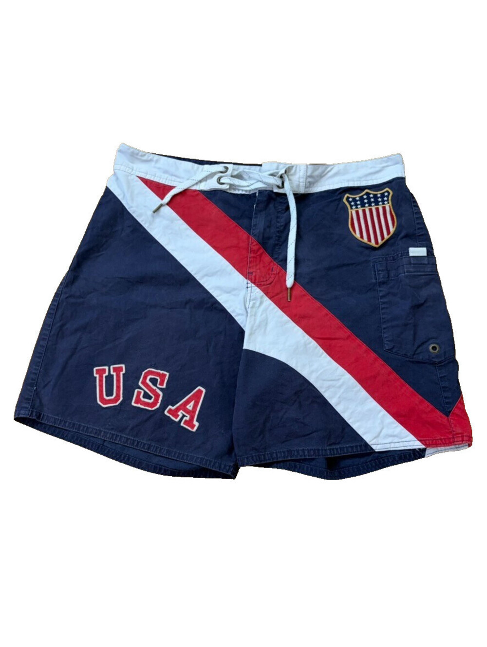 Polo Ralph Lauren USA Board Shorts Mens 34 Y2K Navy & Red Flag Embroidered